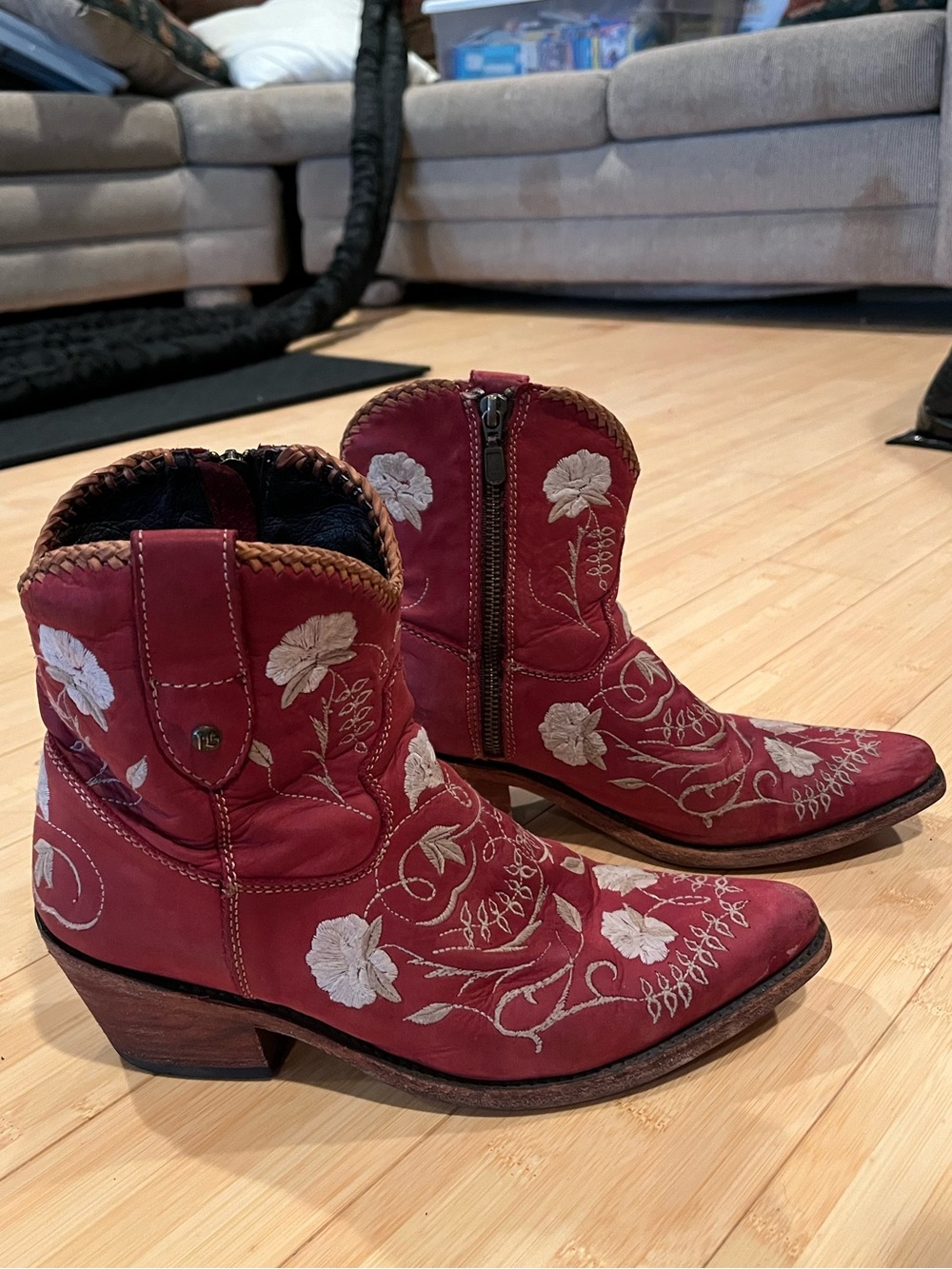 Embroidered Red Western Ankle Boots - Women's Fashion Booties